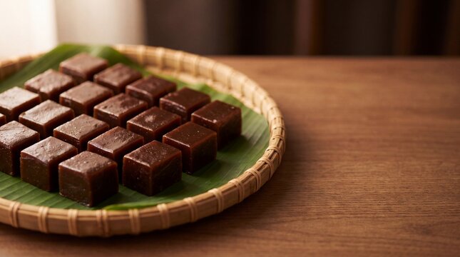 Dodol coconut caramel squares on rattan tray with banana leaf