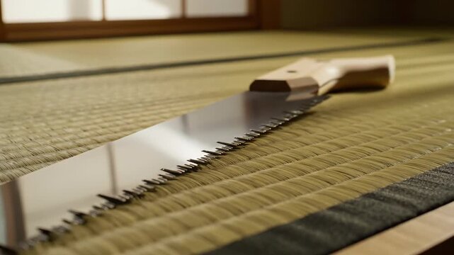 Close up shot of a Japanese pull saw with a sharp metal blade and wooden handle placed on a woven tatami mat. Detailed view of the tool's texture and form.
