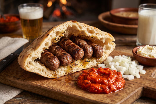 Balkan Grilled Cevapcici Sausages Somun Flatbread Ajvar Relis