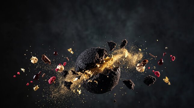 Exploding dark chocolate dessert with flying crumbs, gold dust, cream and berry drops on dark background