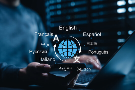 Multilingual translation technology and AI language learning concept. Person using smartphone with multiple foreign language signs for global communication, dictionary software, international dialogue