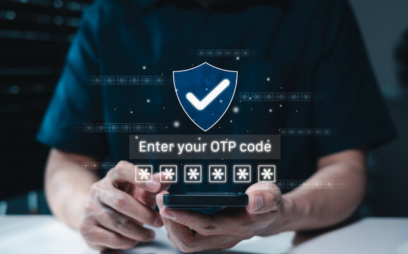 OTP one-time password security and two factor authentication 2FA concept. Person using smartphone with shield protection and verification code for secure online login, transaction, cyber data privacy
