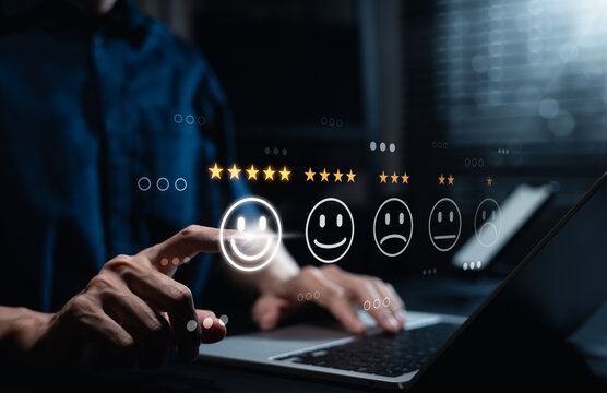 Customer review satisfaction feedback survey concept. Five-star rating on virtual feedback interface, excellent customer satisfaction. emoticons different levels of feedback, customer experience,