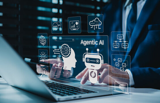 Agentic AI automation and autonomous workflow technology concept. Businessman using laptop, representing intelligent agents, decision making assistant, productivity, business innovation, AI coworker