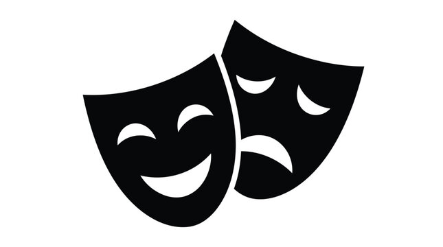 Comedy and tragedy theater masks vector graphic illustration showcasing dramatic performing arts culture with bold black silhouettes