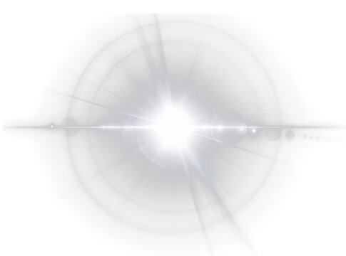 White glowing lens flare effect with bright starburst rays, isolated 3D digital light overlay on transparent background for creative graphic design and photo editing