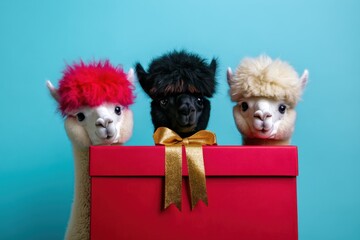 Fototapeta premium Drei niedliche Alpakas mit lustigen Frisuren hinter einem roten Geschenk mit goldener Schleife