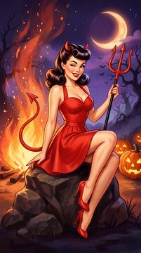 Retro Halloween pin up devil girl holding pitchfork sitting on rock by campfire night full moon vector illustration