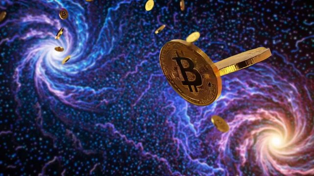 Shining virtual currency pieces glide past swirling nebula vortexes in celestial expanse. Rich golden tokens float smoothly through cosmos creating mesmerizing spectacle of crypto power.