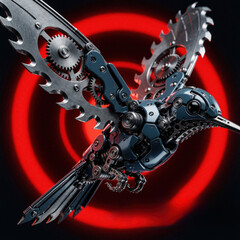 Naklejka premium Mechanical hummingbird flies against red target background. Robotic bird metal saw blade wings, gear parts. Futuristic machine creature with sharp steel teeth, industrial engine design. Cybernetic