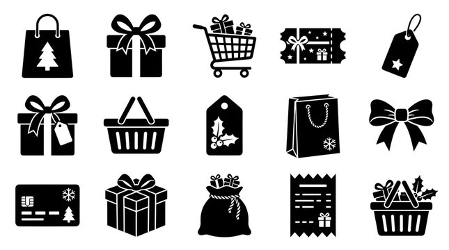 Set of black and white christmas shopping icons featuring gift boxes shopping bags carts tags receipts and holiday festive elements isolated