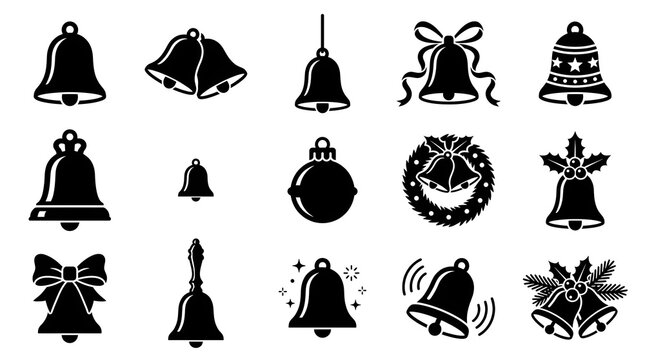 A collection of various black and white bell icons representing christmas holiday themes and festive decorative elements for seasonal design projects