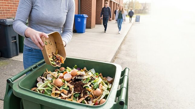 A young woman disposing of kitchen food scraps into a green composting bin on a university campus to promote sustainable waste management