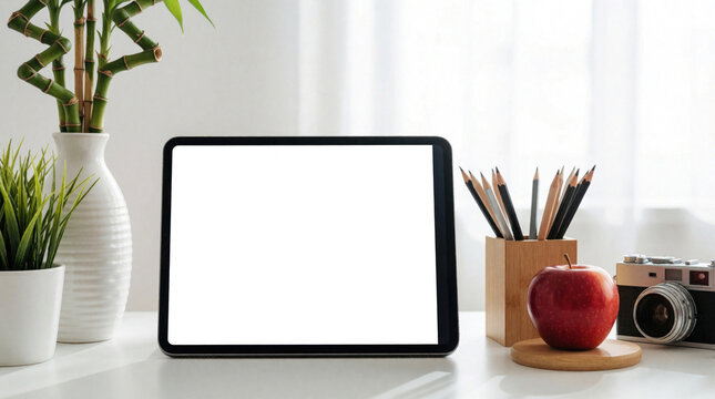 Modern office desk setup with blank digital tablet screen. Minimalist workspace features white vase with bamboo, green plant, wooden pencil holder, red apple, vintage camera. Clean bright tabletop