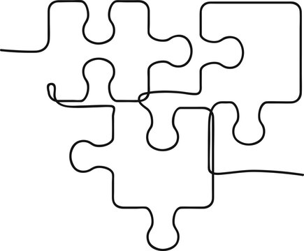 Drawing four interlocking puzzle pieces with a single continuous line representing solution and connection