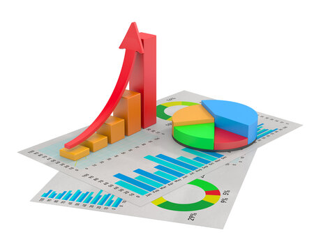 3D business charts sit on layered paper reports with bright pie slices, donut rings, and rising column bars. Clean white background and numeric axis markings frame analytical data visualization