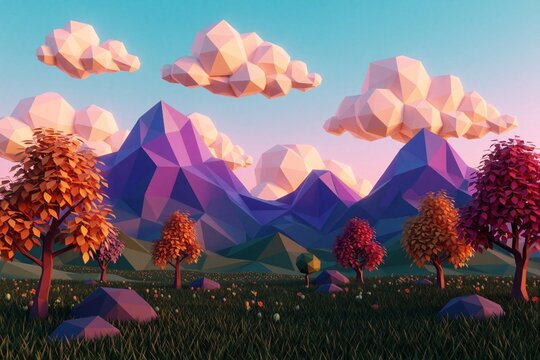 Lowpoly digital landscape with geometric polygon mountains, colorful trees. Vibrant stylized scenery features floating clouds above green meadow with flowers. Retro 3d art shows mountains, hills,