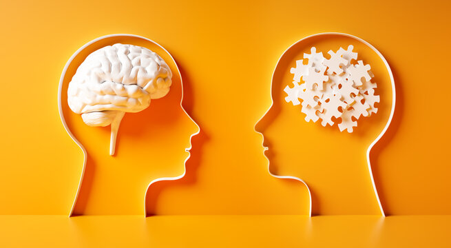 3D silhouette of a two heads with white chaotic puzzle pieces and brain on yellow background symbolizing mental confusion and mental health
