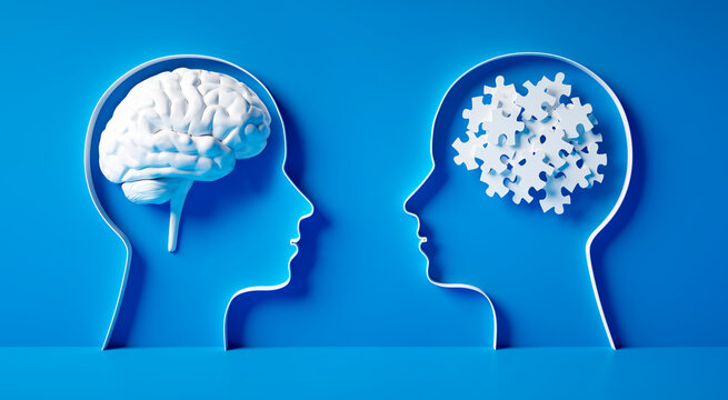 3D silhouette of a two heads with white chaotic puzzle pieces and brain on blue background symbolizing mental confusion and mental health