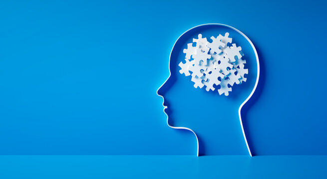 Conceptual artwork showing a 3D silhouette of a head with chaotic puzzle pieces, symbolizing mental problems - 3D illustration on blue background

