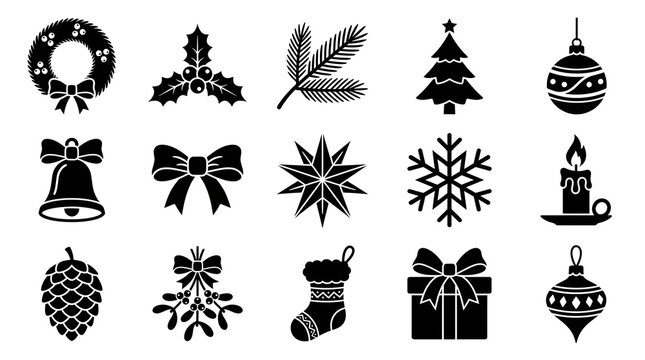 A collection of black silhouette christmas icons featuring holiday decorations like trees wreaths bells snowflakes gifts and ornaments on white background
