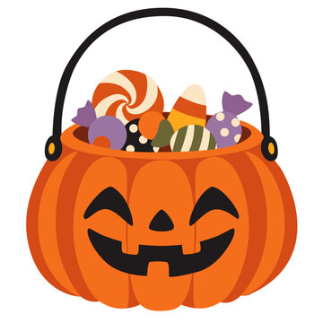 Cheerful jack o lantern trick or treat bucket filled with colorful wrapped candies and candy corn for a playful Halloween celebration.
