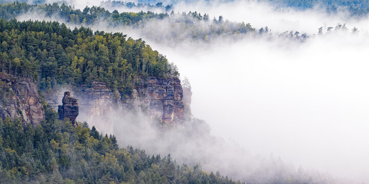 Panorama of sandstone rocks in a green autumn forest with magical inversion fog in Elbe Sandstones, Czech Republic.