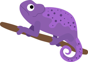 Purple chameleon with spots clinging to a brown tree branch, isolated vector element © WinWin