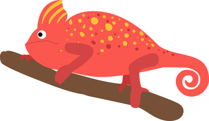 Red chameleon with yellow spots sitting on an isolated branch, simple flat vector © WinWin