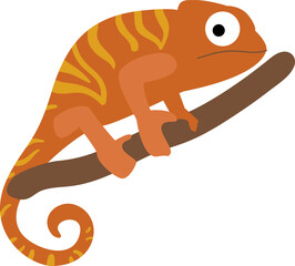 Orange chameleon with yellow stripes resting on a tree branch, isolated graphic © WinWin