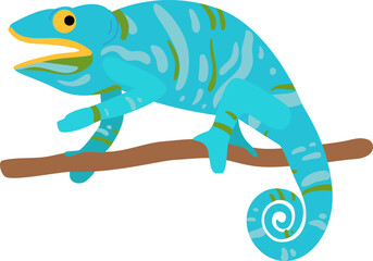 Cartoon blue chameleon standing on a brown branch with its mouth open, isolated on white © WinWin