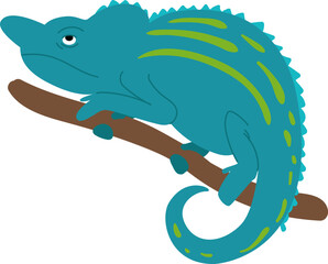 Cartoon chameleon clinging to a branch on a white background © WinWin