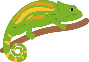 Green chameleon with yellow stripes perching on a brown branch © WinWin