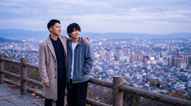 展望台から夕暮れの街並みを眺める二十代の男性二人 | きらめく夜景