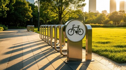 Fototapeta premium Modern metal bicycle rack stands on stone walkway in sunny urban park. Green grass, city skyscrapers in background. Sustainable transport infrastructure for eco friendly city life, healthy commute in