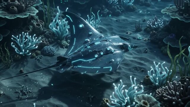 Surreal futuristic deep sea creature swimming in dark underwater ocean, glowing bioluminescence cybernetic marine life, 3D sci-fi concept.