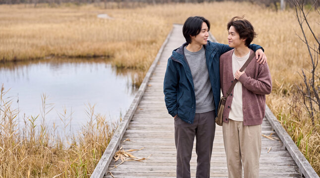 秋の湿原に続く木道で寄り添い歩く二十代の男性二人 | 穏やかな自然