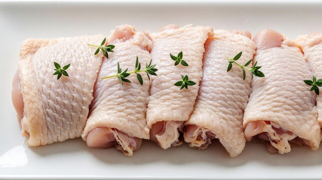 Raw chicken thigh pieces with skin on white plate. Fresh uncooked poultry meat with green herbs garnish. Close up view of organic chicken fillet for cooking dinner preparing healthy protein meal in