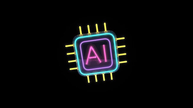 Artificial intelligence chip icons rotating on alpha channel