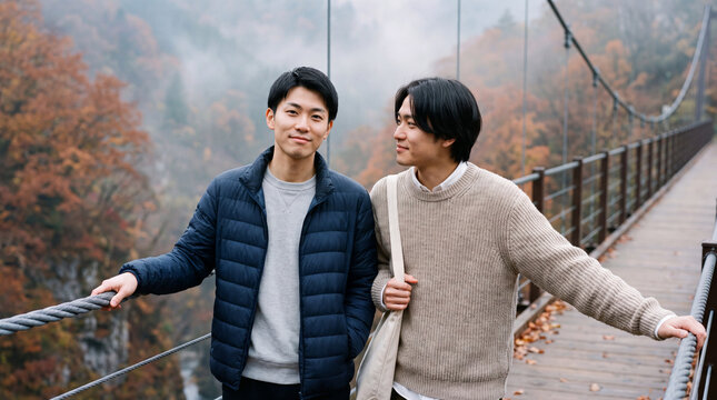 紅葉の渓谷に架かる吊り橋に立つ二十代の男性二人 | 霧立つ秋山