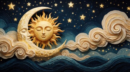 Fototapeta premium Abstract boho celestial illustration with sun face, crescent moon. Golden sun, moon shine among stars, fluffy clouds. Stylized blue waves below dreamy night sky. Whimsical fantasy art for spiritual