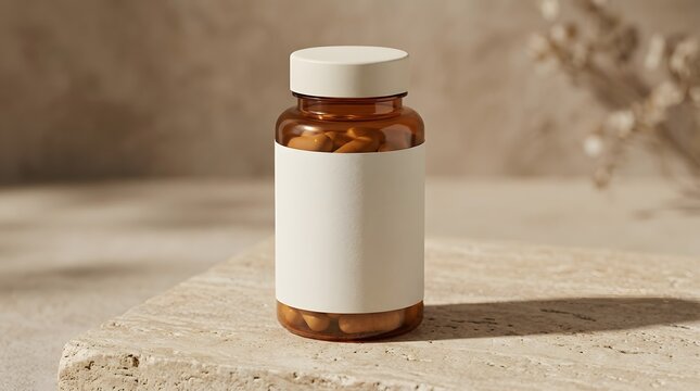 A professional supplement bottle mockup featuring a blank white label on a textured stone surface with soft natural lighting shadows