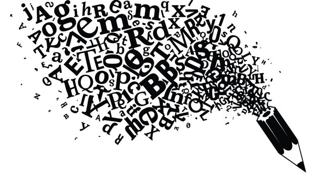 Creative vector graphic illustration featuring black typography bursting dynamically from pencil tip on isolated white background