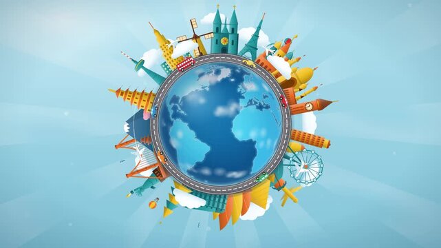 Earth globe surrounded by world landmarks rotating on blue background