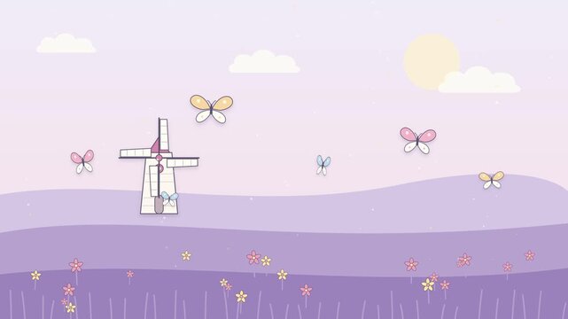 Soft purple paper cut loop animation of a windmill on a gentle lavender field background. Papercut pastel lavender background with spinning windmill