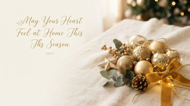 Golden Christmas Season Arrangement - A festive holiday greeting card featuring golden ornaments and pinecones, symbolizing warmth, celebration, and home comfort