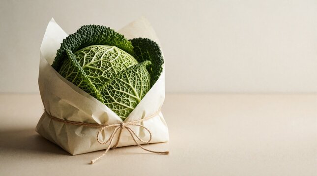 Fresh green savoy cabbage wrapped in craft paper with twine knot. Organic vegetable gift on plain table. Healthy raw food for eco friendly cooking farm to table presentation. Minimalist culinary
