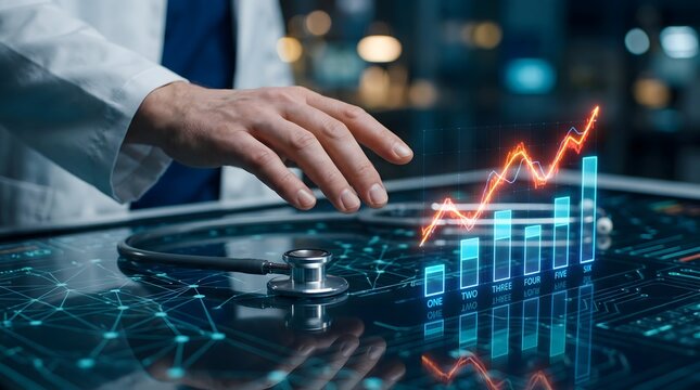 A caring medical professional interacting with a futuristic digital interface showing health data and charts.