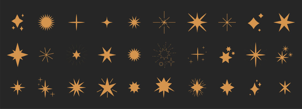 Celestial boho set sun, moon, stars and clouds minimal golden line. Geometric abstract design elements gold magic, and spiritual designs for decoration.