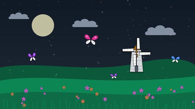 Soft purple paper cut loop animation of a windmill under a starry night sky with crescent moon. Papercut pastel purple background with spinning windmill